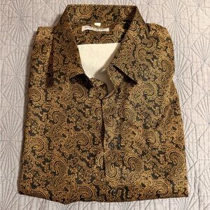 GRTXIN Soft Fabric Men’s Gold and Brown Paisley Button Down Shirt Sz XL